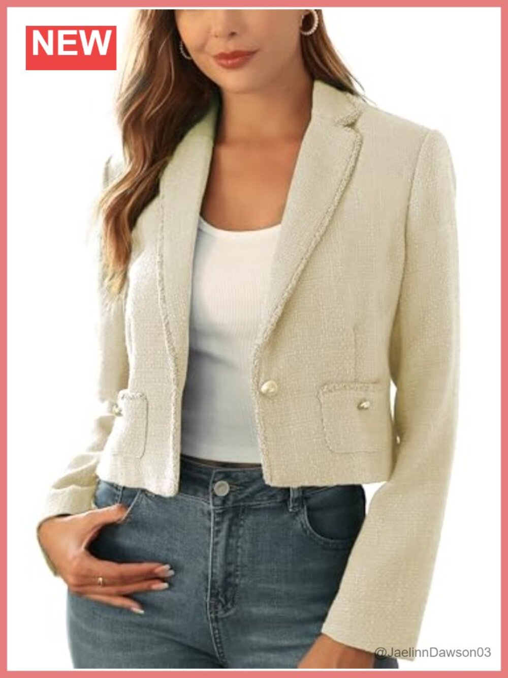 Cropped Tweed Jacket Blazer Pearl Buttons Fringe Notch Lapel Business Casual